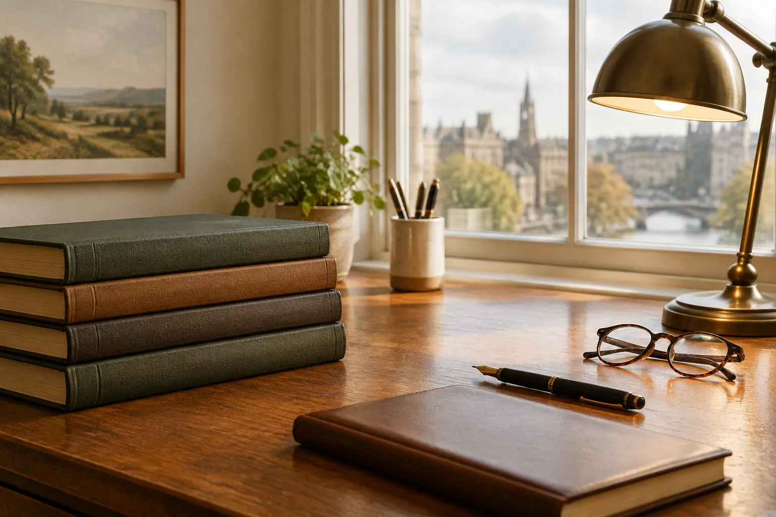 Closed ledgers, a fountain pen and reading glasses on a desk by a window.