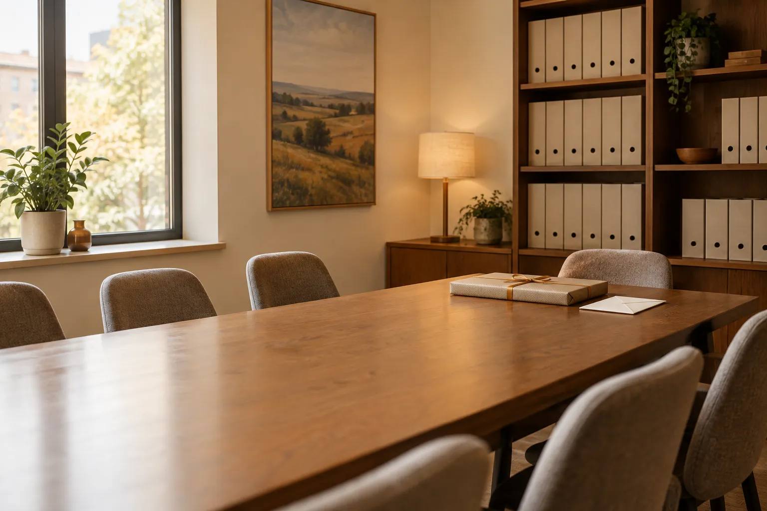 A wrapped flat gift and an envelope at the end of a meeting-room table after hours.
