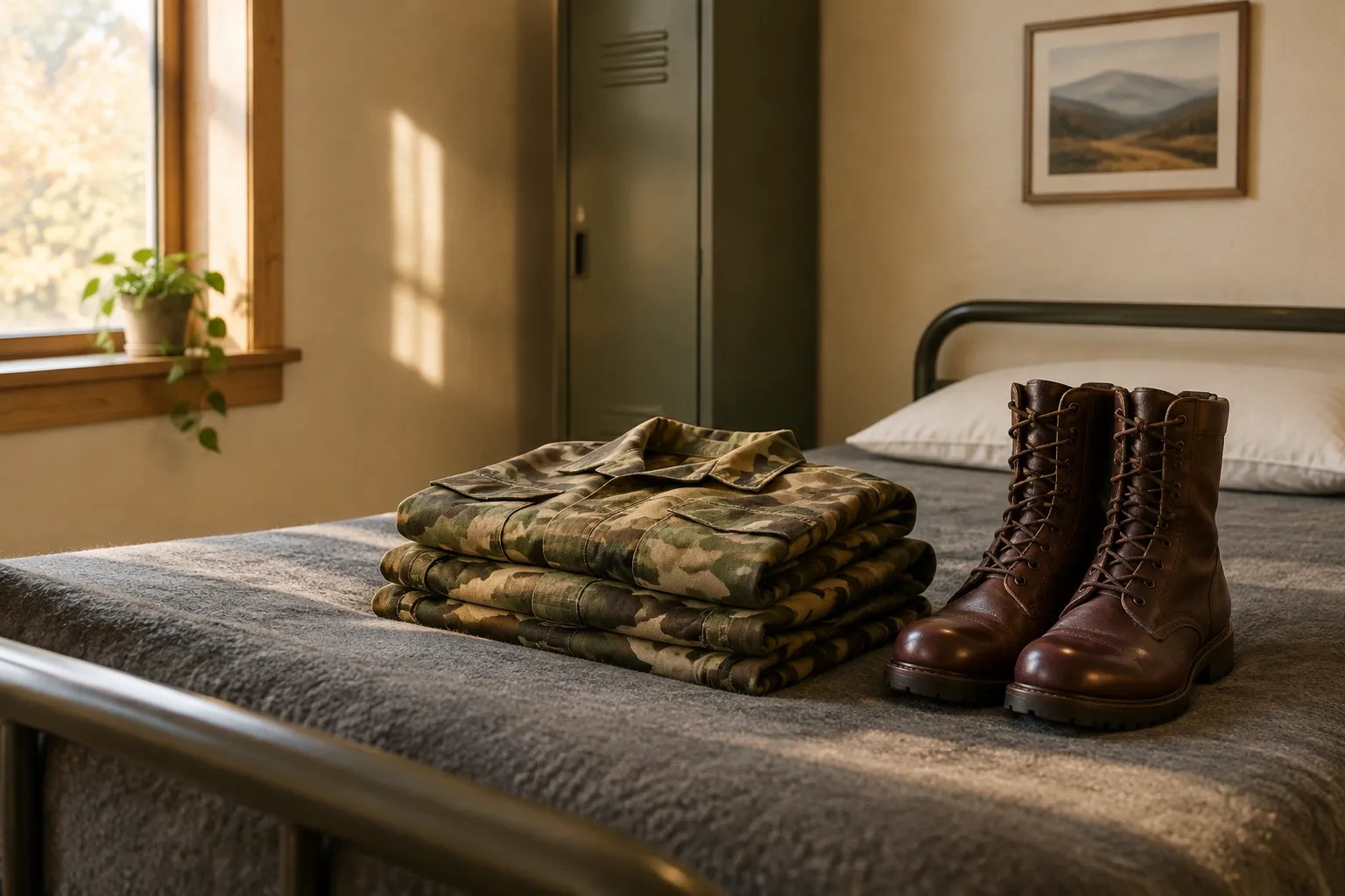 Folded camouflage fatigues and polished boots on a barrack bed with a grey blanket.