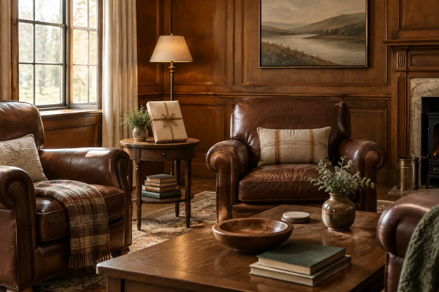 A wood-panelled mess room with leather armchairs and a wrapped gift on a side table.