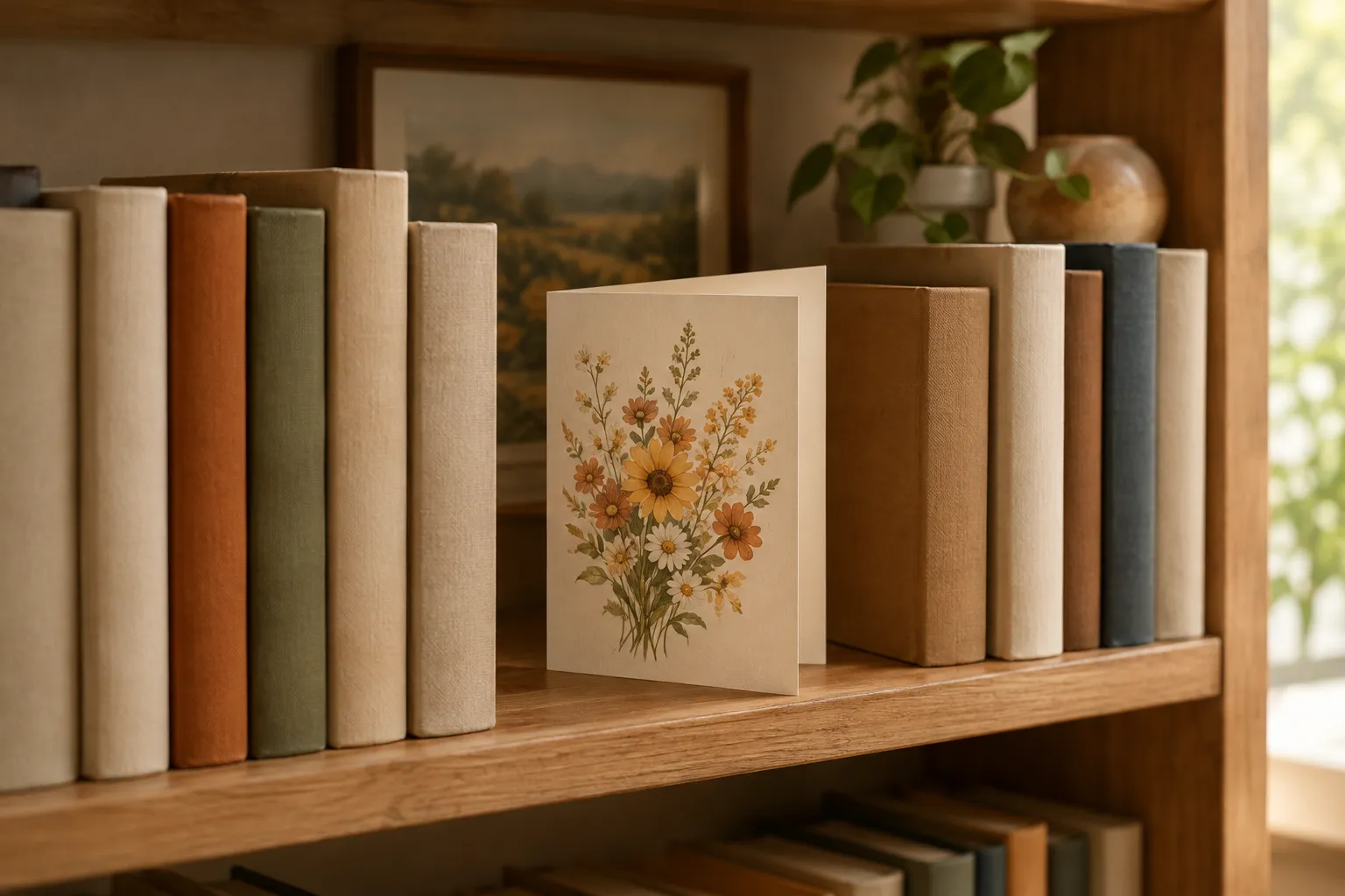 A card with a painted flower front standing among books on a shelf.