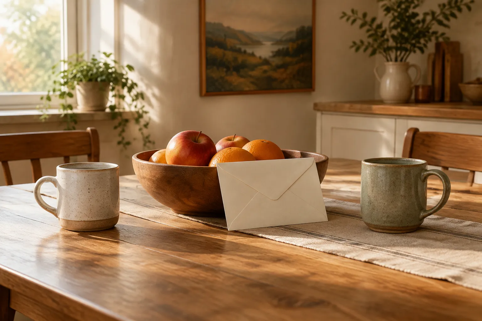 A sealed cream envelope propped against a fruit bowl on a kitchen table beside two mugs.