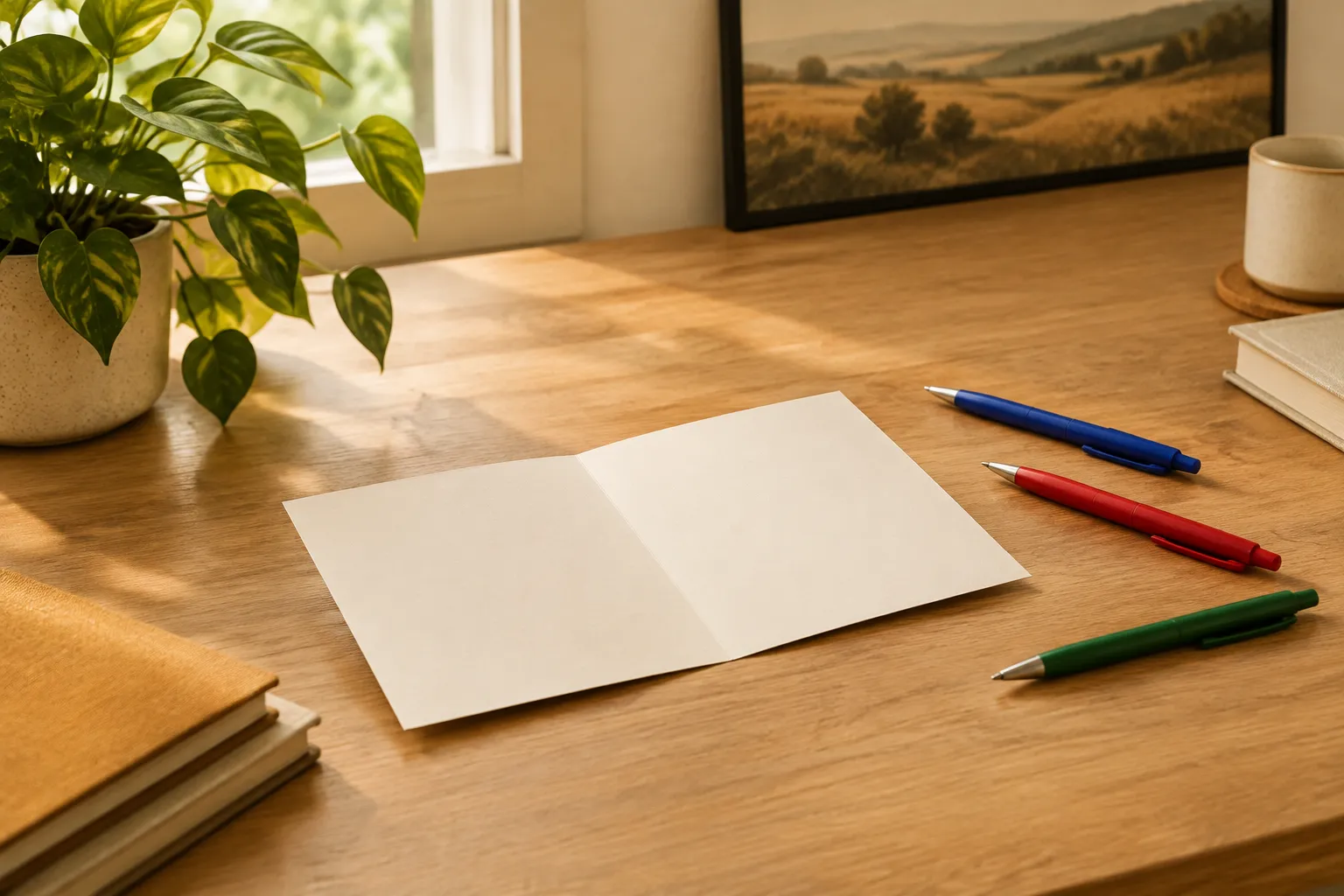 A blank card lying open on an office desk with three pens of different colours beside it.