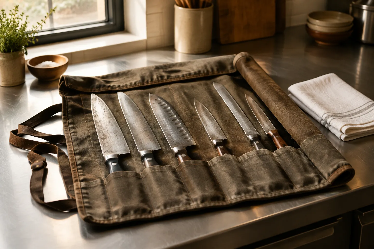 An open canvas knife roll with well-used chef knives on a steel bench.