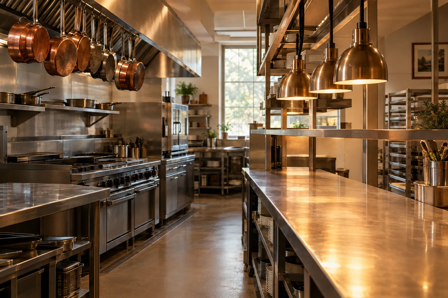 A restaurant kitchen after the last service, steel wiped down and the pass empty.