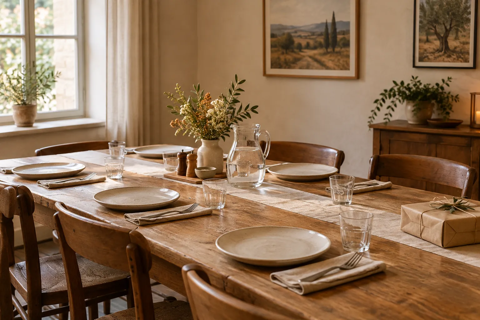 A staff table laid for the family meal, a wrapped gift at one end.