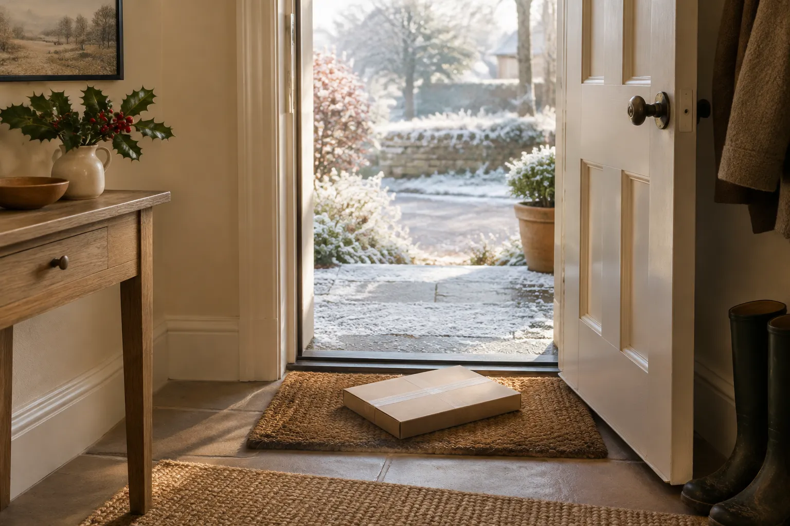 A flat parcel on a doormat inside a front door, frost on the step outside.