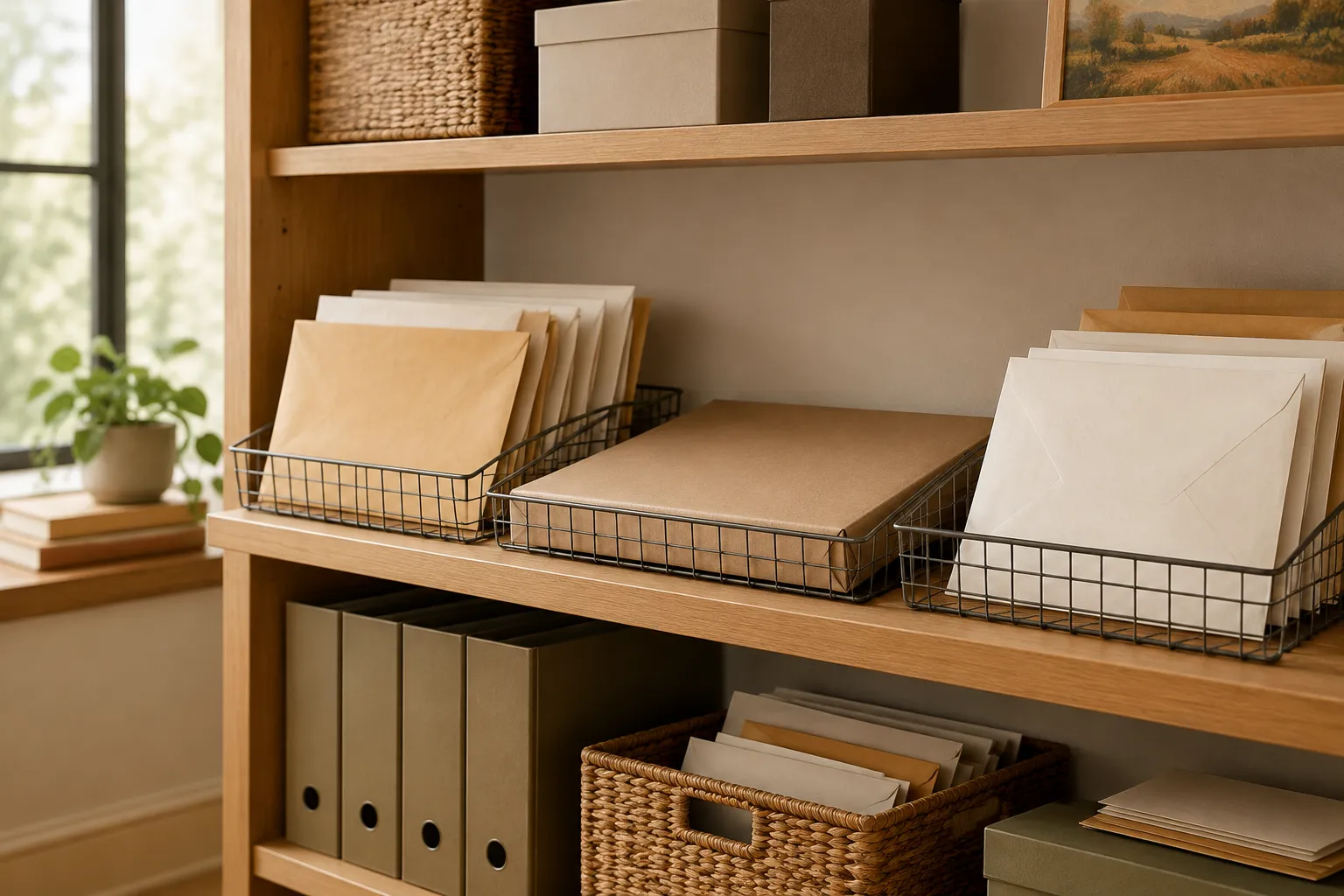 A flat parcel in a wire post tray on an office post-room shelf.