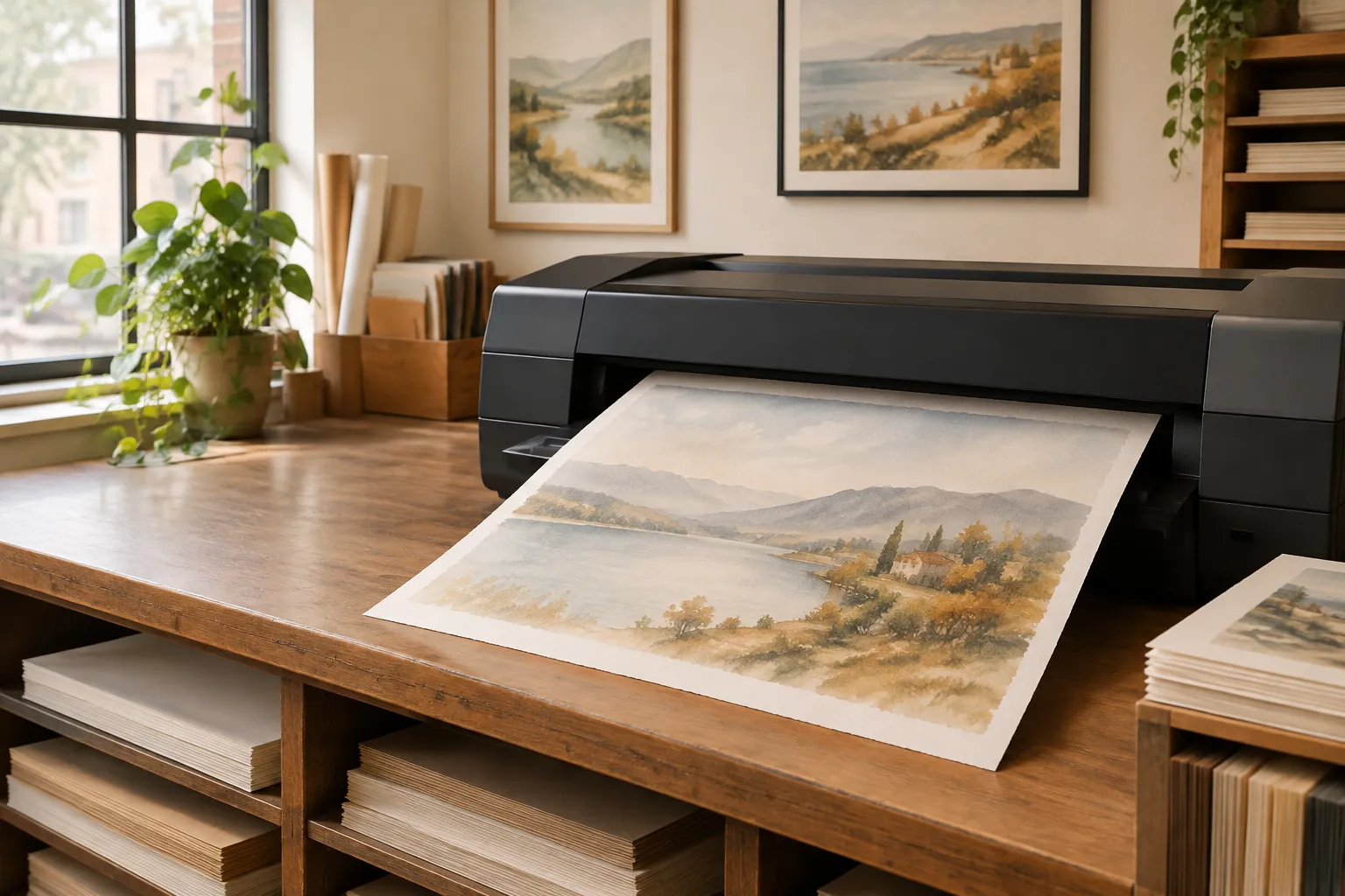 A sheet with a watercolour landscape coming out of a printer on a copy-shop counter.