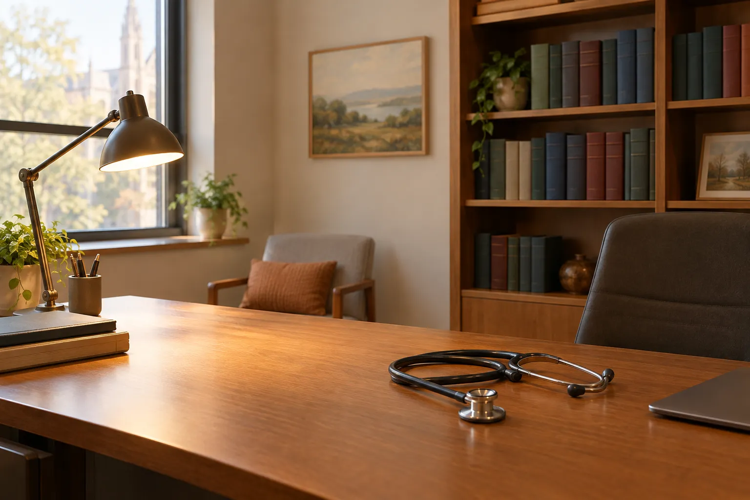 A consultant office desk with a lamp, a coiled stethoscope and plain-spined textbooks.