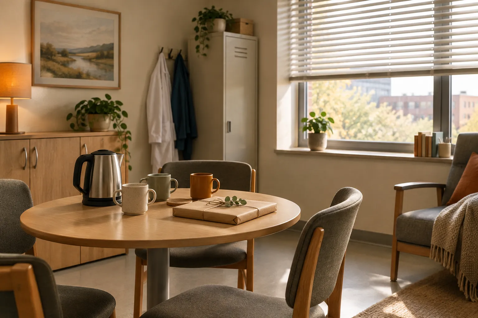 A hospital staff room with a kettle, mugs and a wrapped gift on the table.