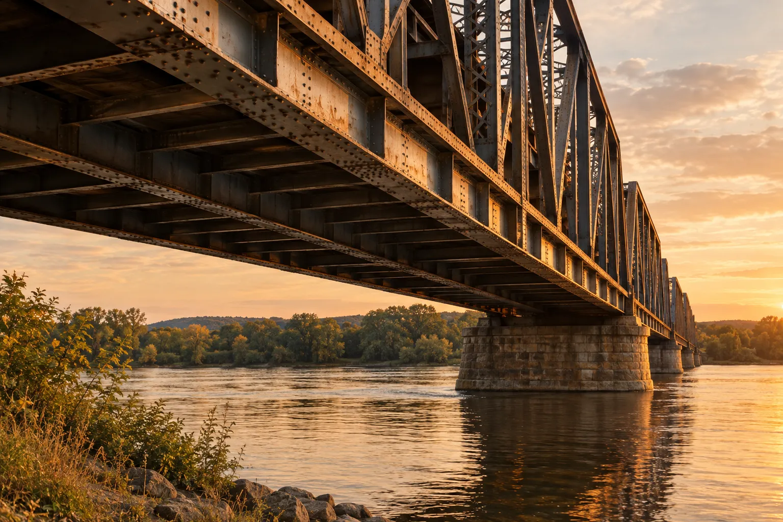 The steel girders of a truss bridge over a river seen from the bank.