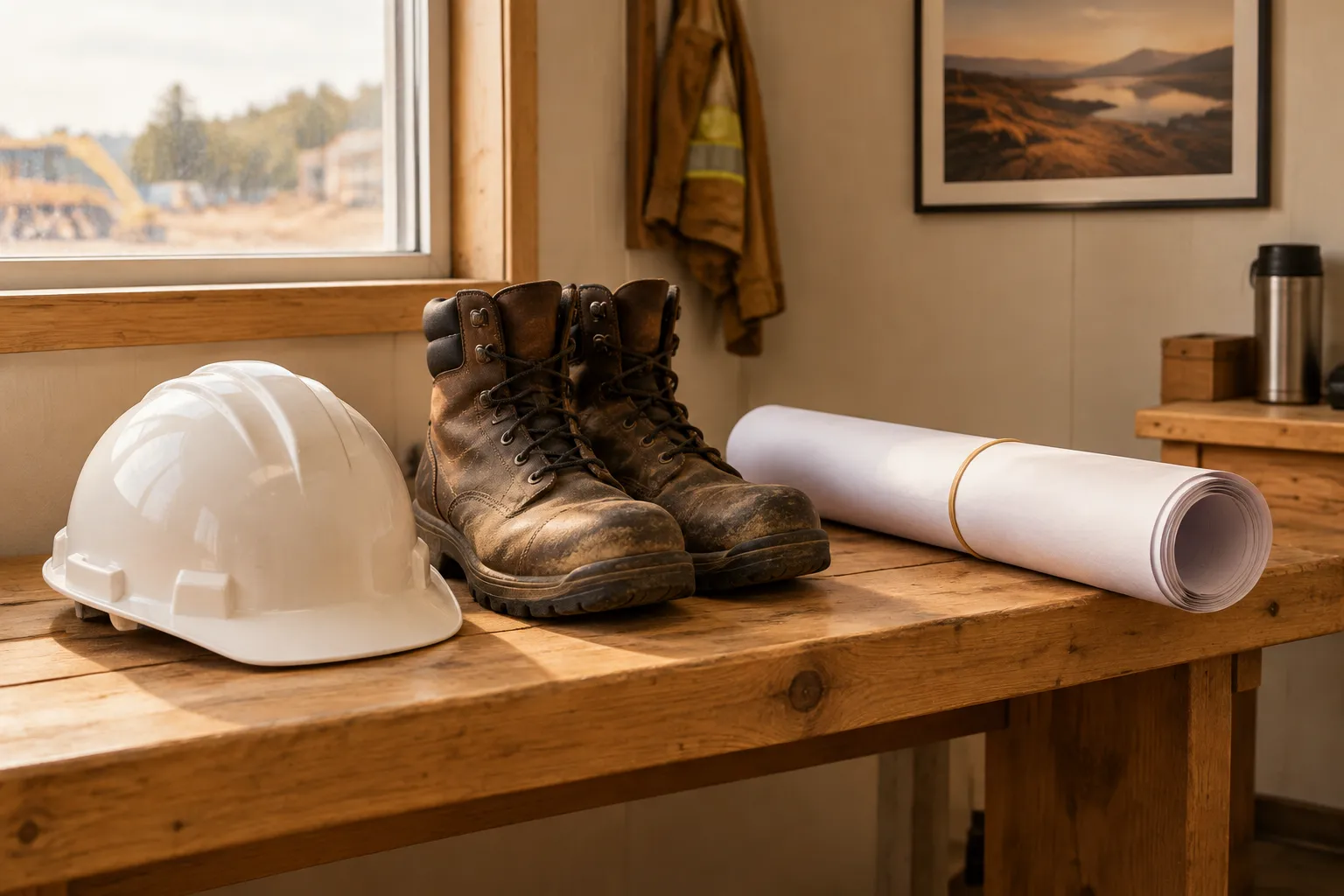 A white hard hat and safety boots on a site-cabin bench beside rolled drawings.