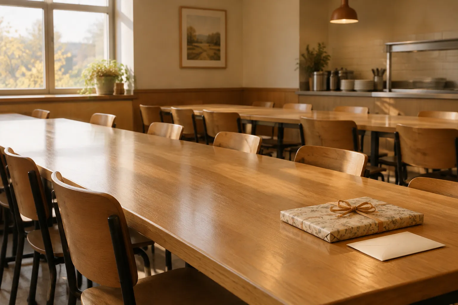 A works canteen with long tables and a wrapped gift left at one end.