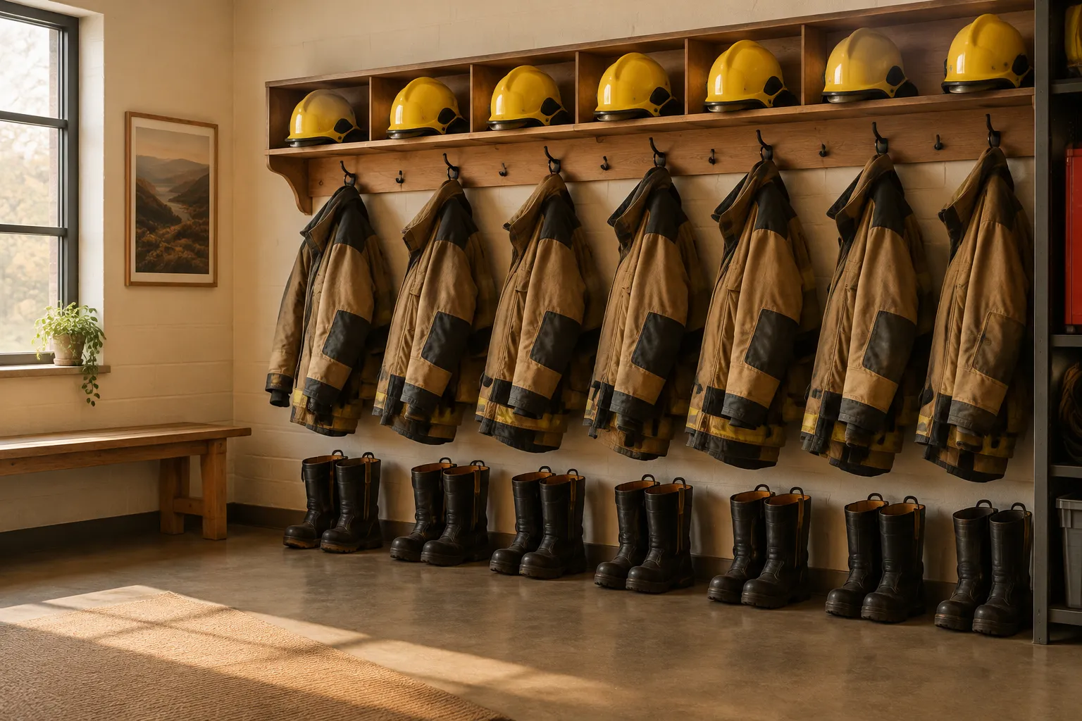 Yellow helmets on a shelf and heavy tunics on pegs above boots in a fire station kit room.
