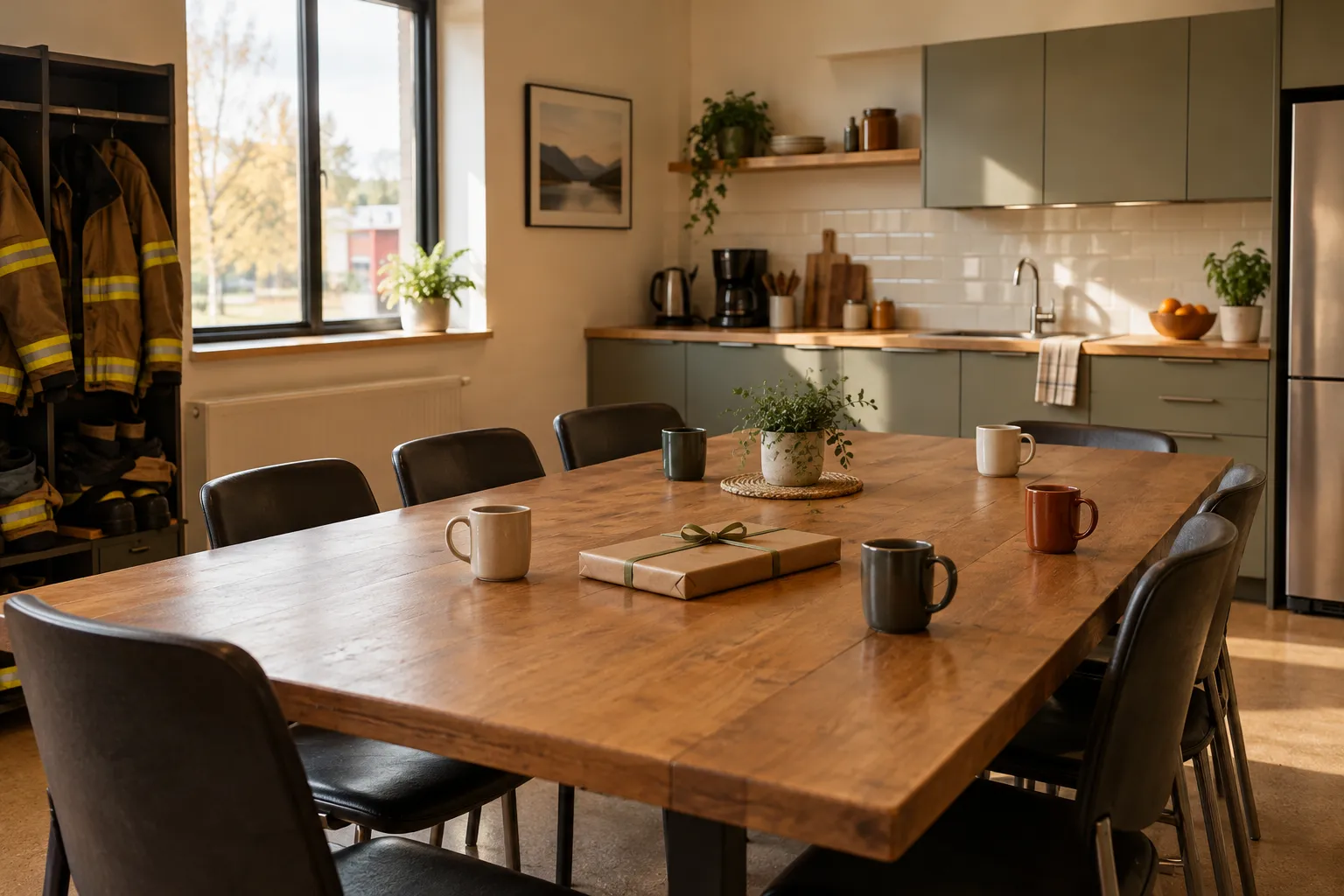 A fire station mess room with a long table, mugs and a wrapped gift.