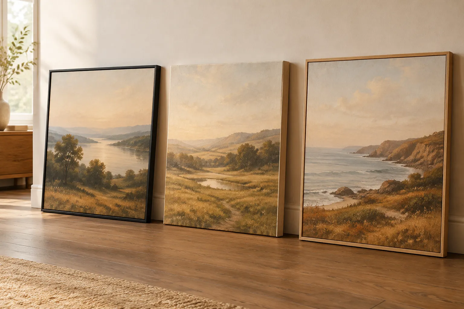 A black-framed paper piece, a plain canvas and a wood-framed canvas leaning in a row.