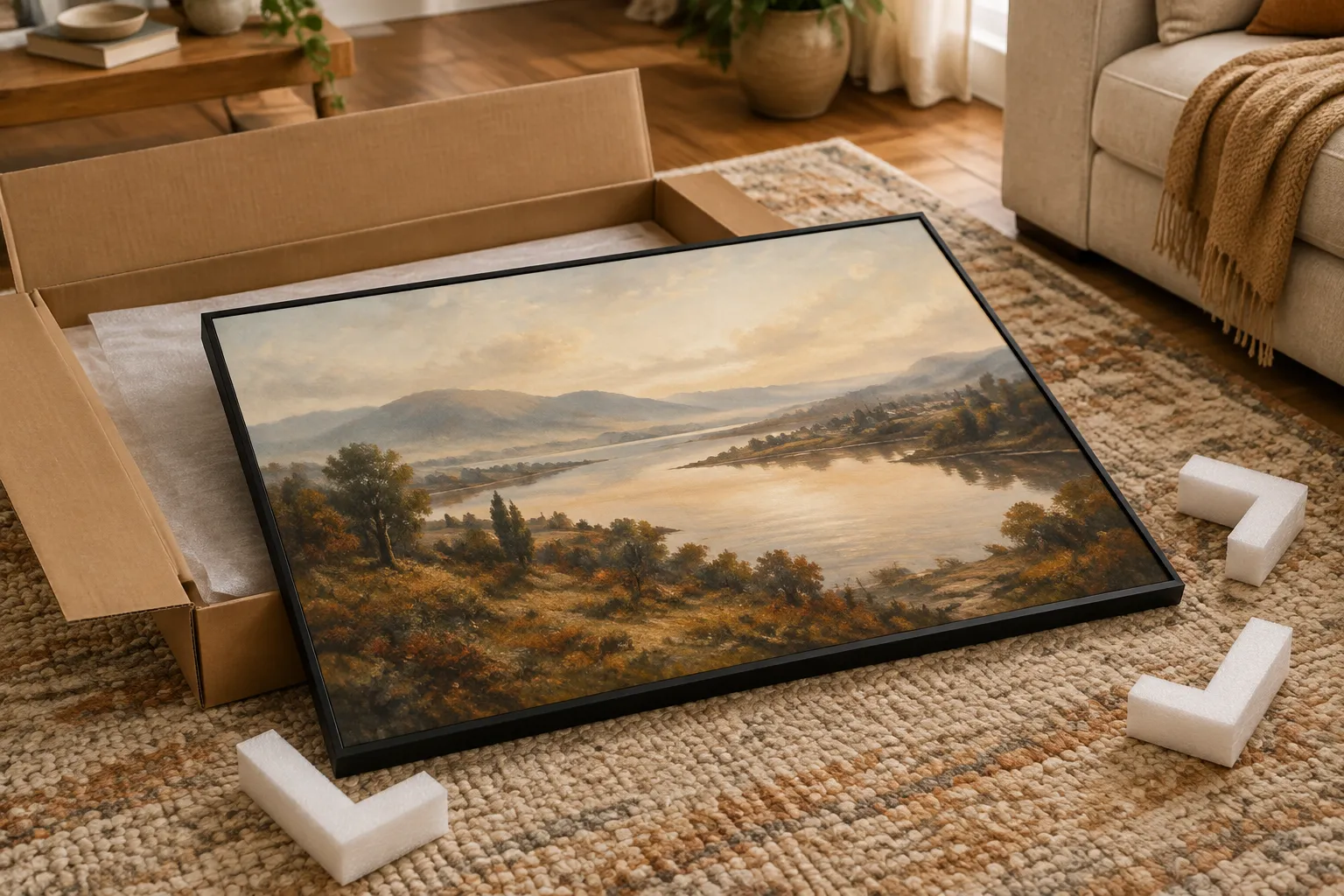 A black-framed landscape painting lifted half out of its delivery box on a rug.