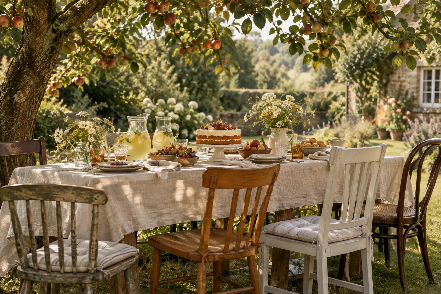 A garden party table under an apple tree with lemonade jugs and a cake on a stand.
