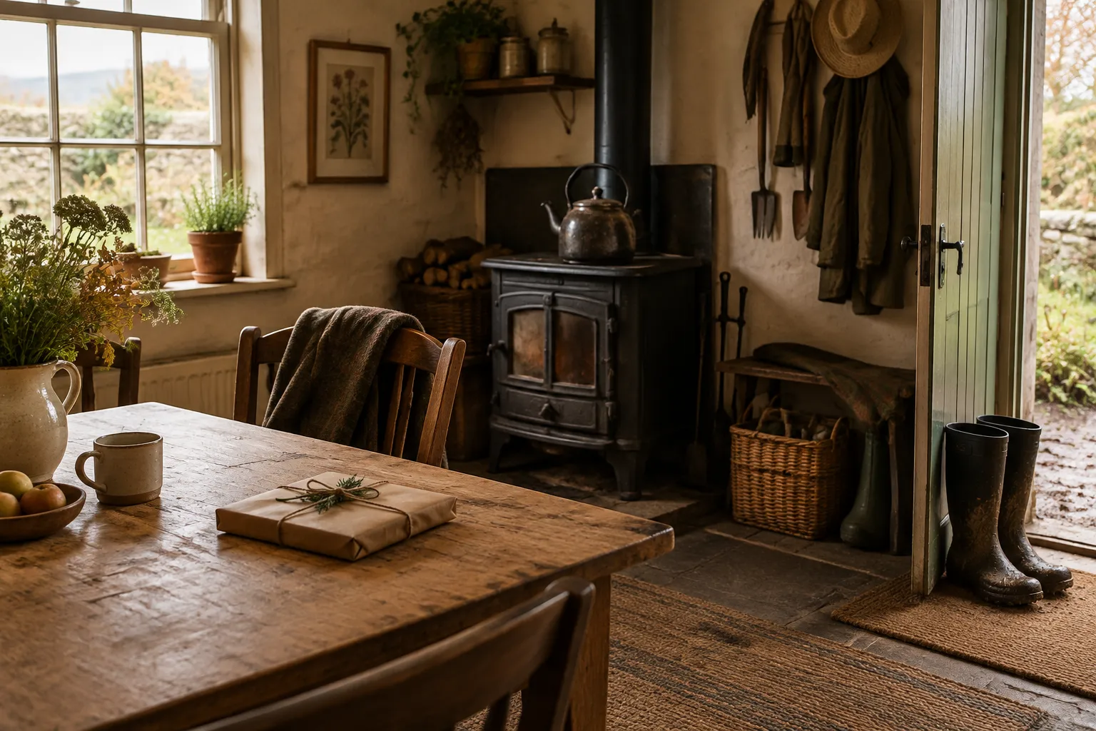 A garden bothy with a kettle on the stove, boots by the door and a wrapped gift on the table.