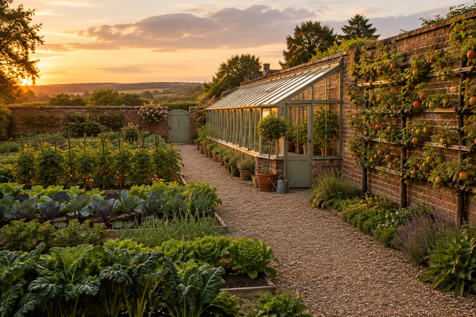 A walled kitchen garden with gravel paths and a glasshouse along the brick wall.