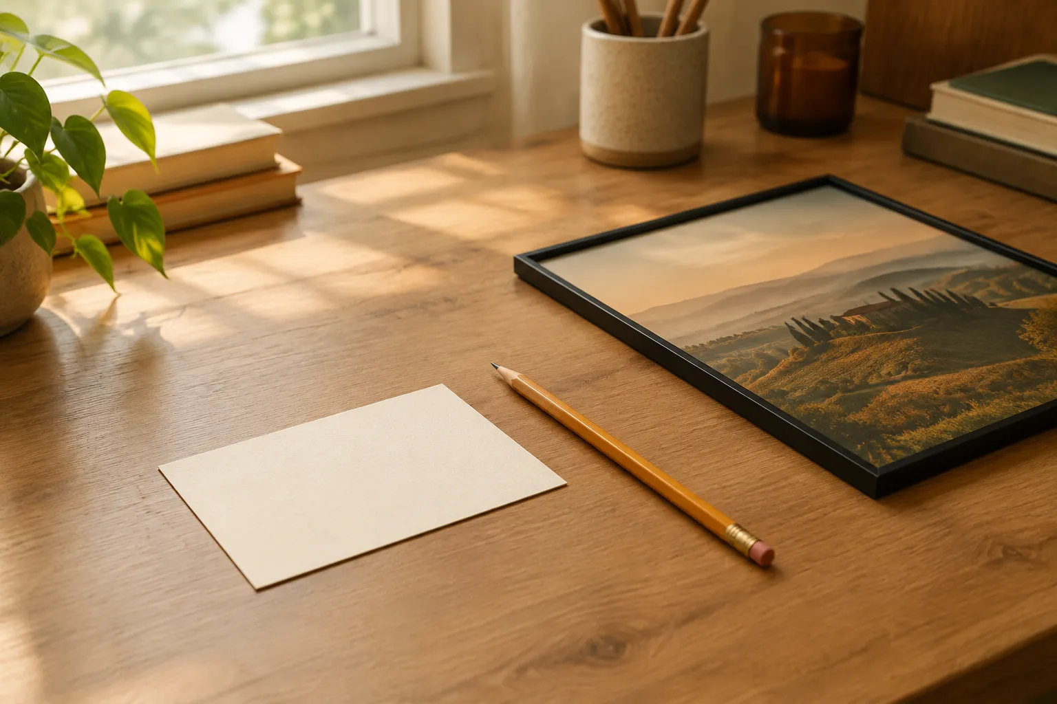 A blank index card and a pencil beside a black-framed landscape lying flat on a desk.