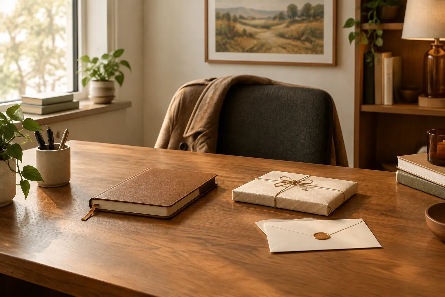 A closed desk diary beside a wrapped flat gift and a sealed card on an office desk.