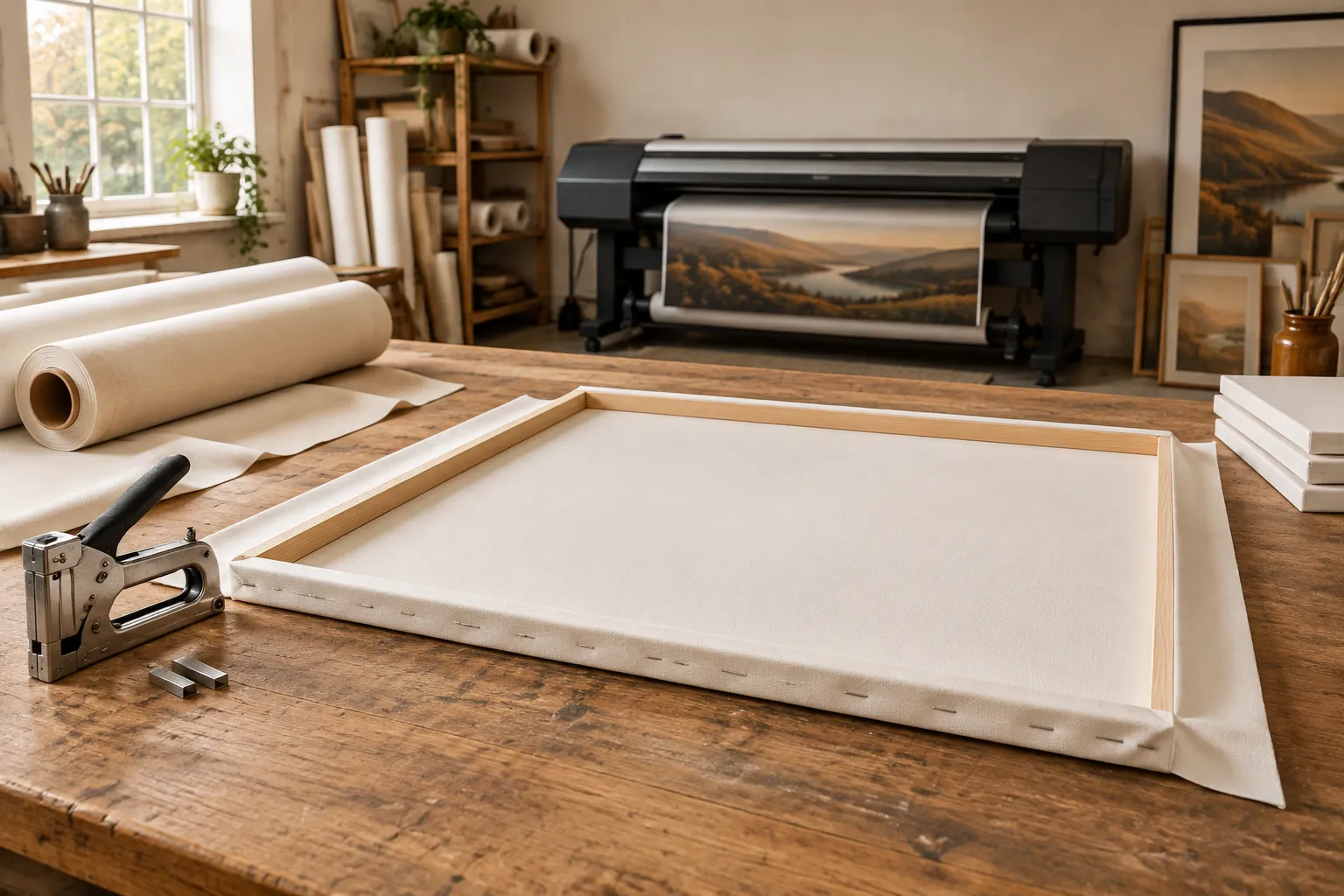 A bare canvas being stretched over a timber frame on a workshop bench.