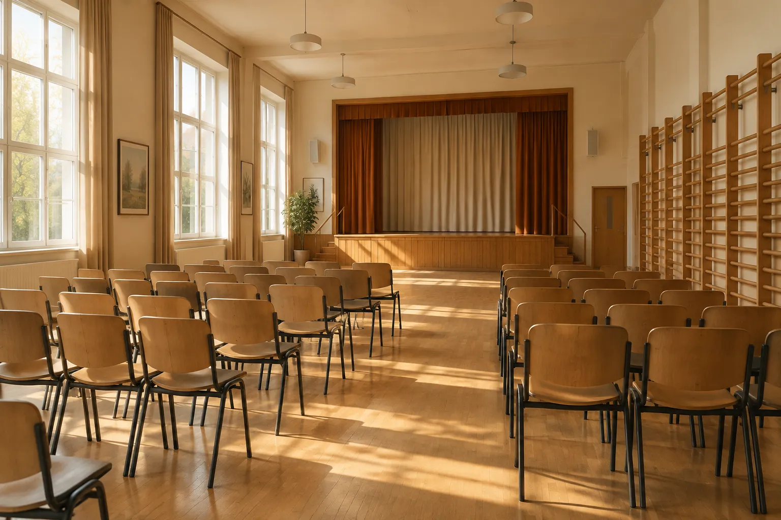 An empty school hall with rows of chairs facing a low stage in morning light.