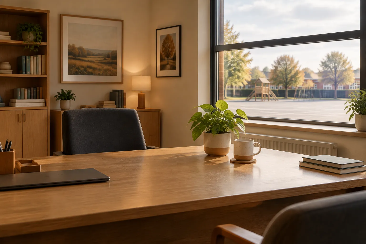 A cleared headteacher office desk with a pot plant, window onto an empty playground.