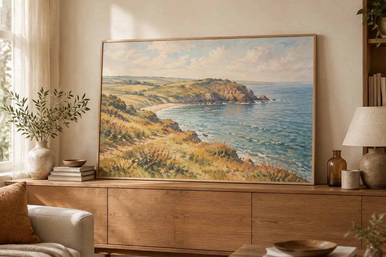 A large natural-wood framed canvas of a coastal headland painting leaning on a sideboard.