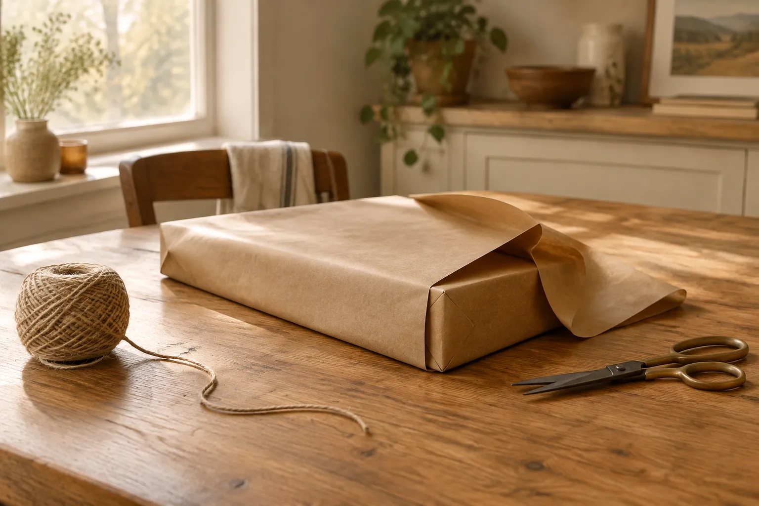 A flat gift half wrapped in brown paper with string and scissors on a kitchen table.
