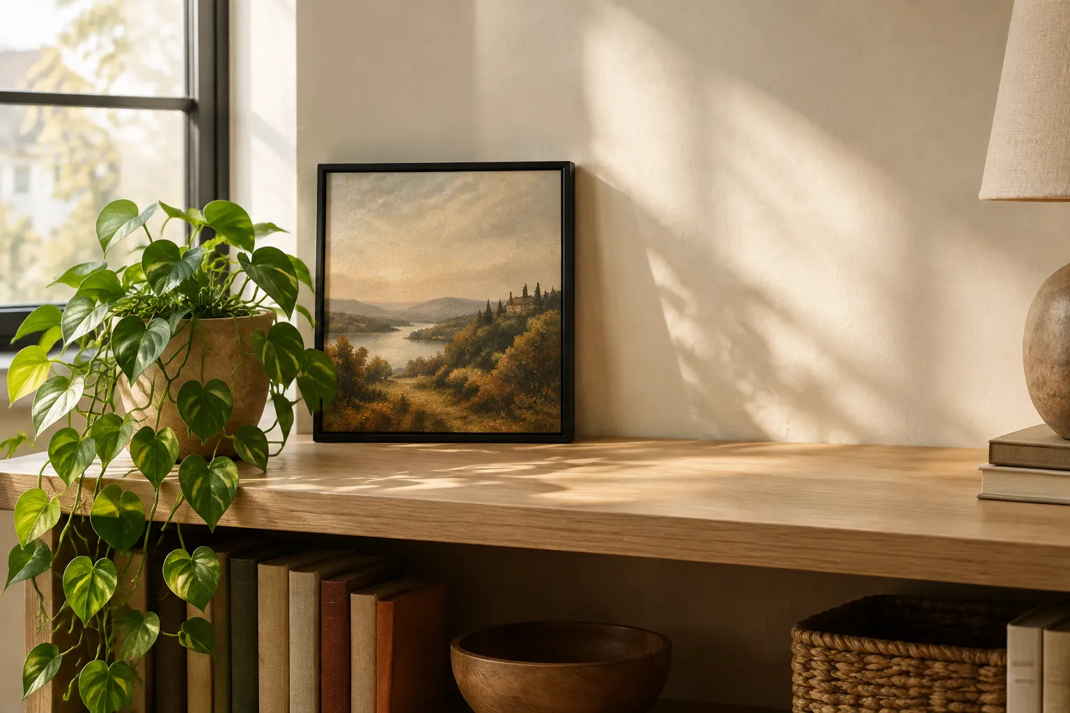 A small black-framed painting and a trailing plant on a shelf by a window.