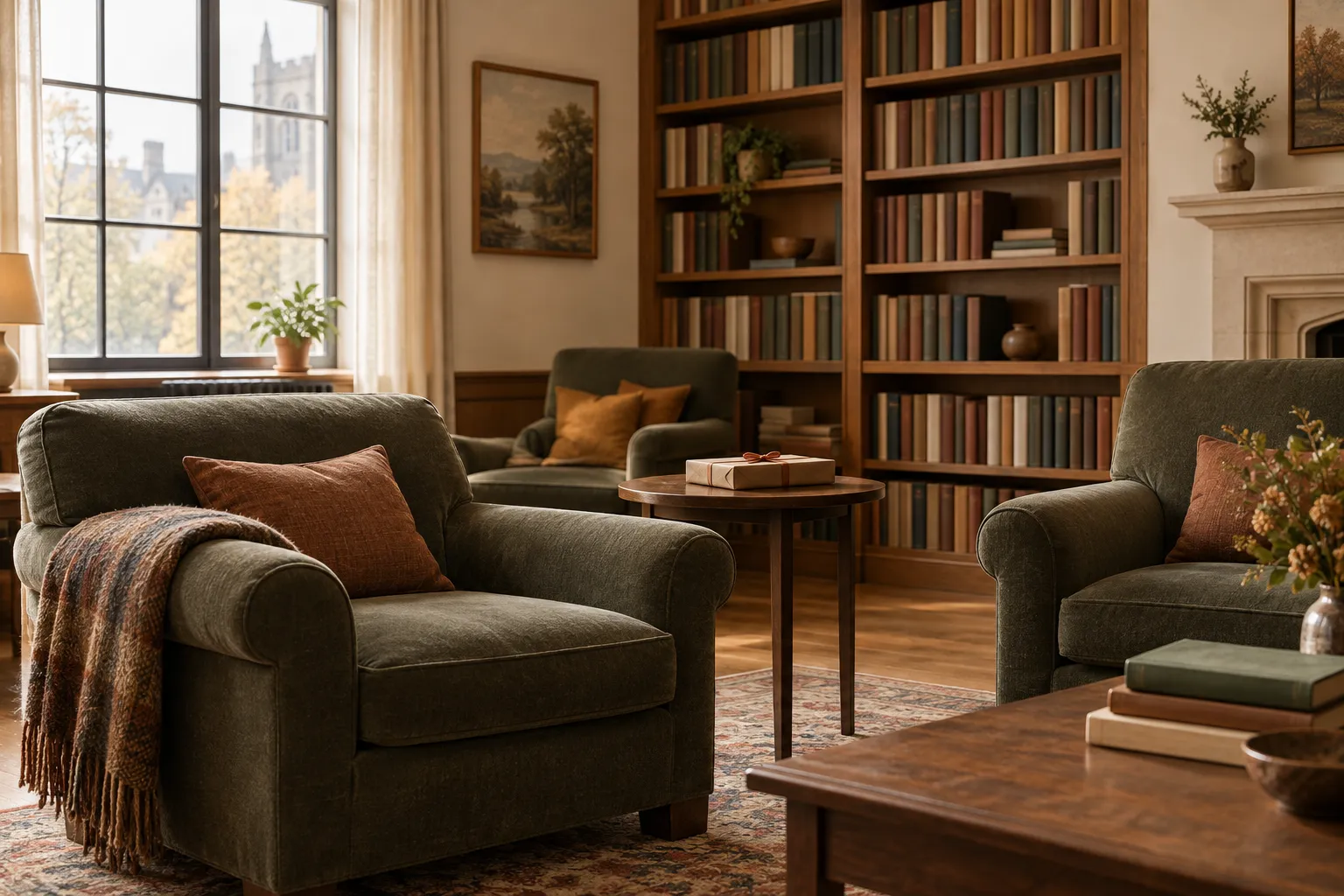 A senior common room with armchairs, bookshelves and a wrapped gift on a side table.