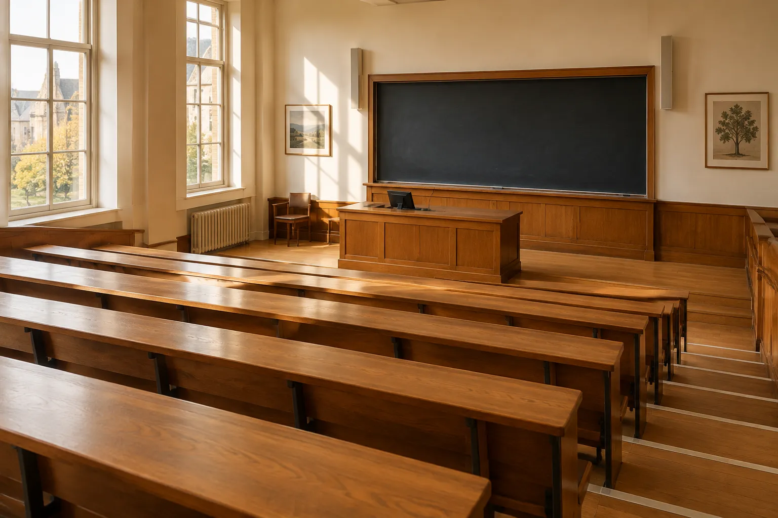 An empty lecture theatre with tiered wooden benches and a clean blackboard.