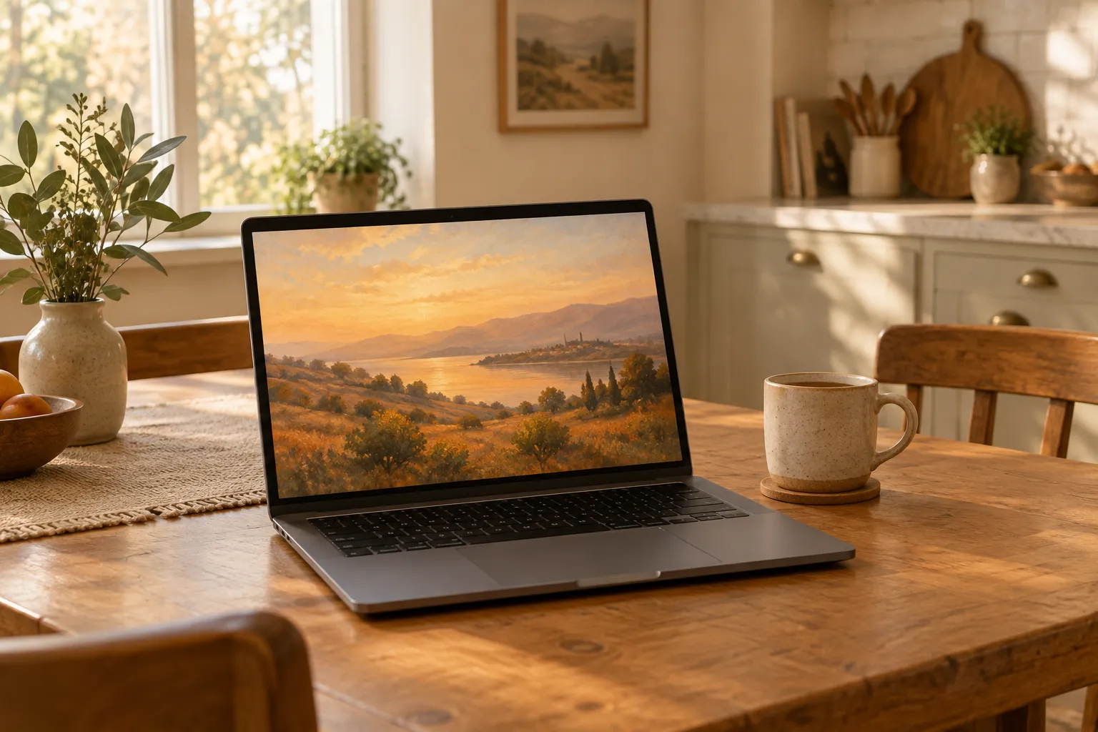 A laptop on a kitchen table showing a soft painted landscape on screen.