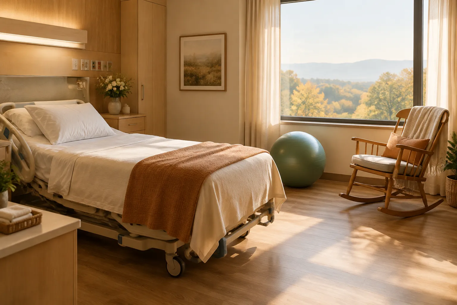 A calm birth room with a made bed, a birthing ball and a rocking chair.