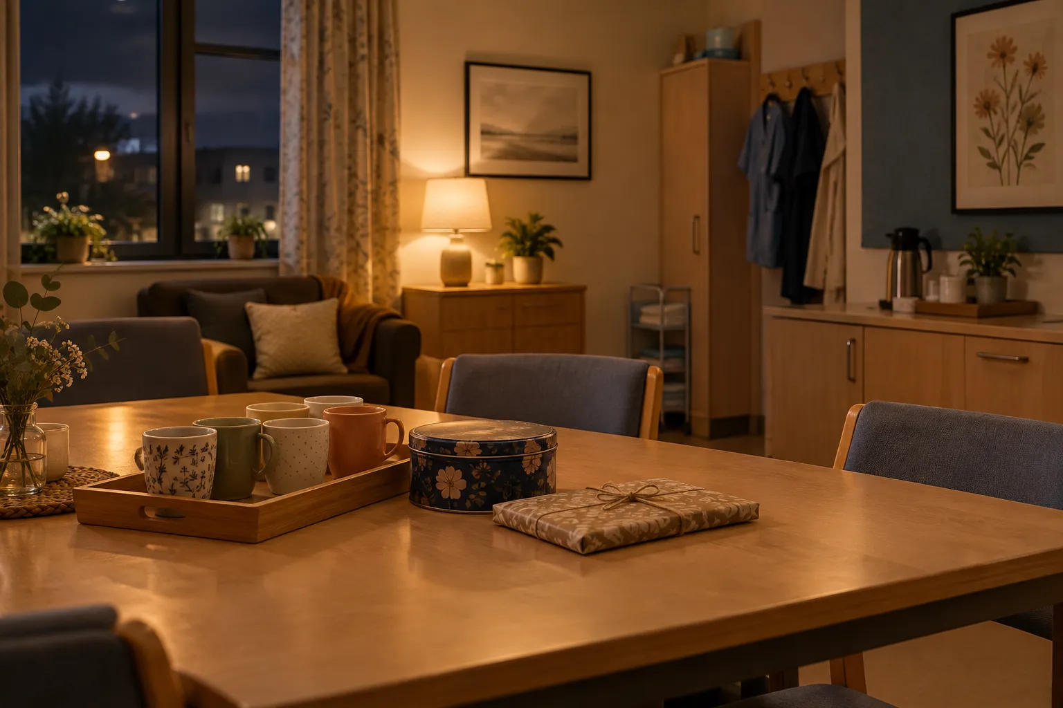 A maternity unit staff room at night with mugs, biscuits and a wrapped gift.
