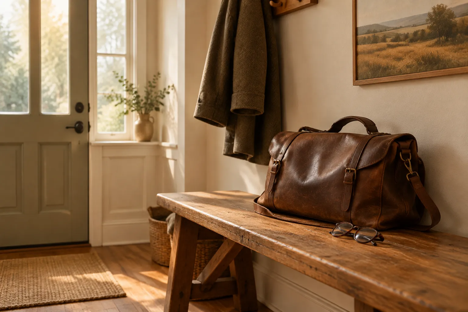 A worn leather work bag and folded reading glasses on a hall bench by the front door.