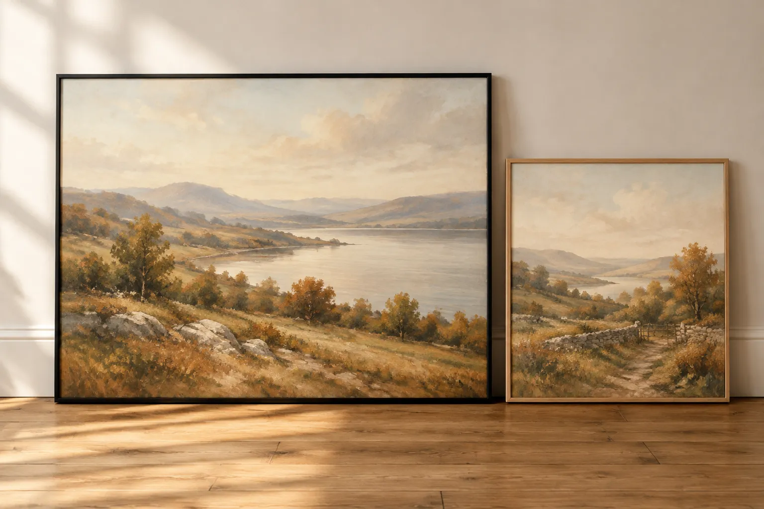 A large black-framed canvas and a smaller natural-wood framed piece leaning against a wall.