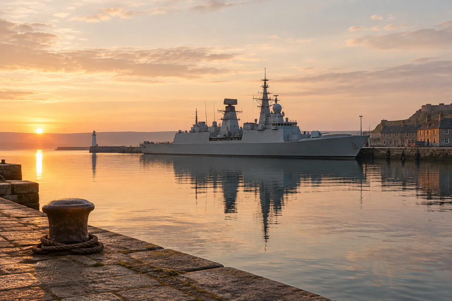 A grey warship moored in a harbour at dawn beyond a stone quay.