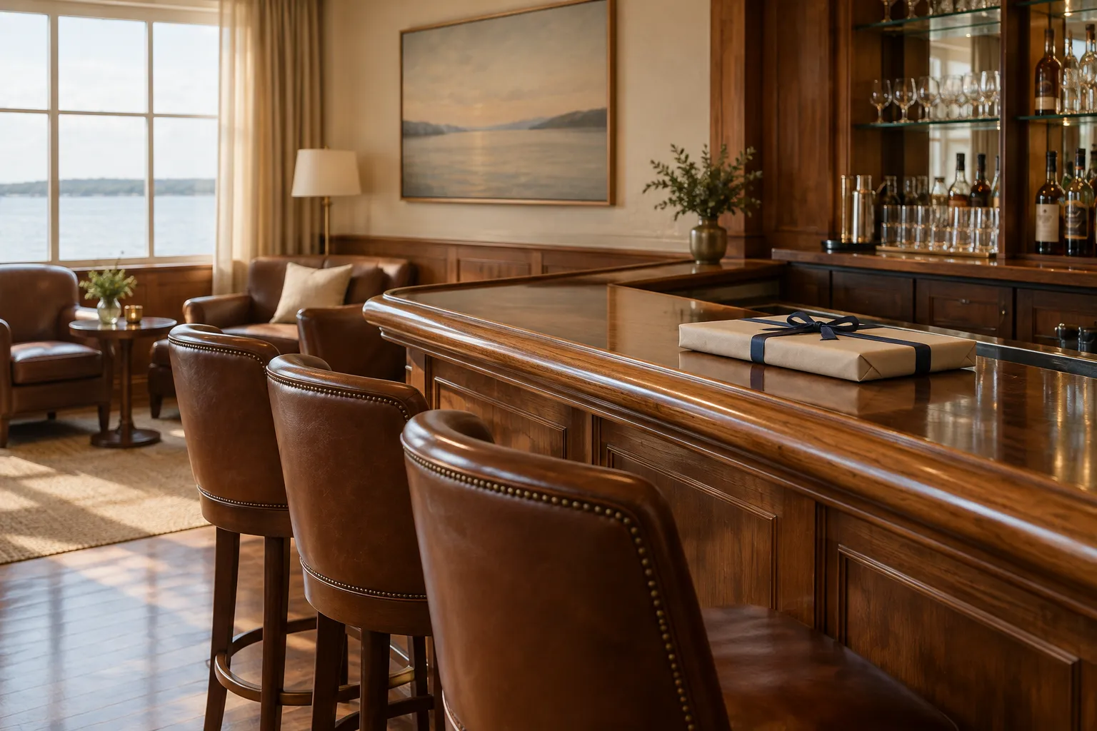 A wardroom bar with polished wood and leather chairs, a wrapped gift on the bar.