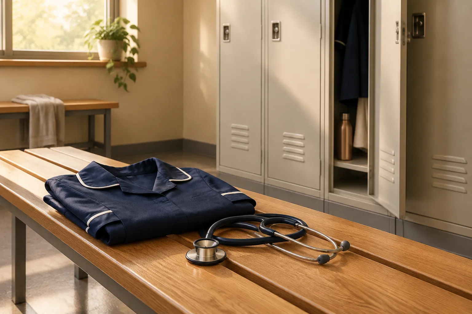 A folded navy tunic and a stethoscope on a locker-room bench after a shift.