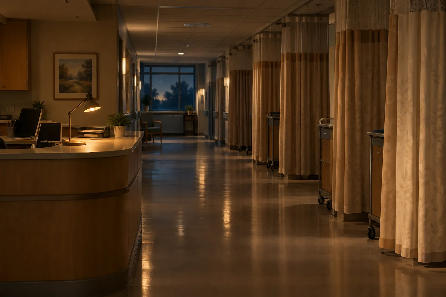 A hospital ward corridor at night with one lamp lit at the nurses station.