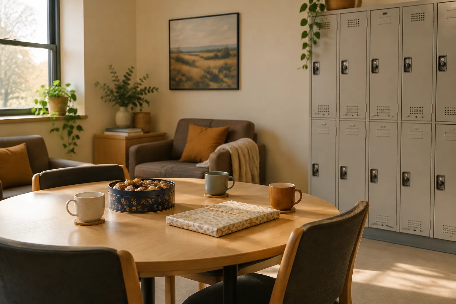 A ward staff room with mugs, a tin of chocolates and a wrapped gift on the table.