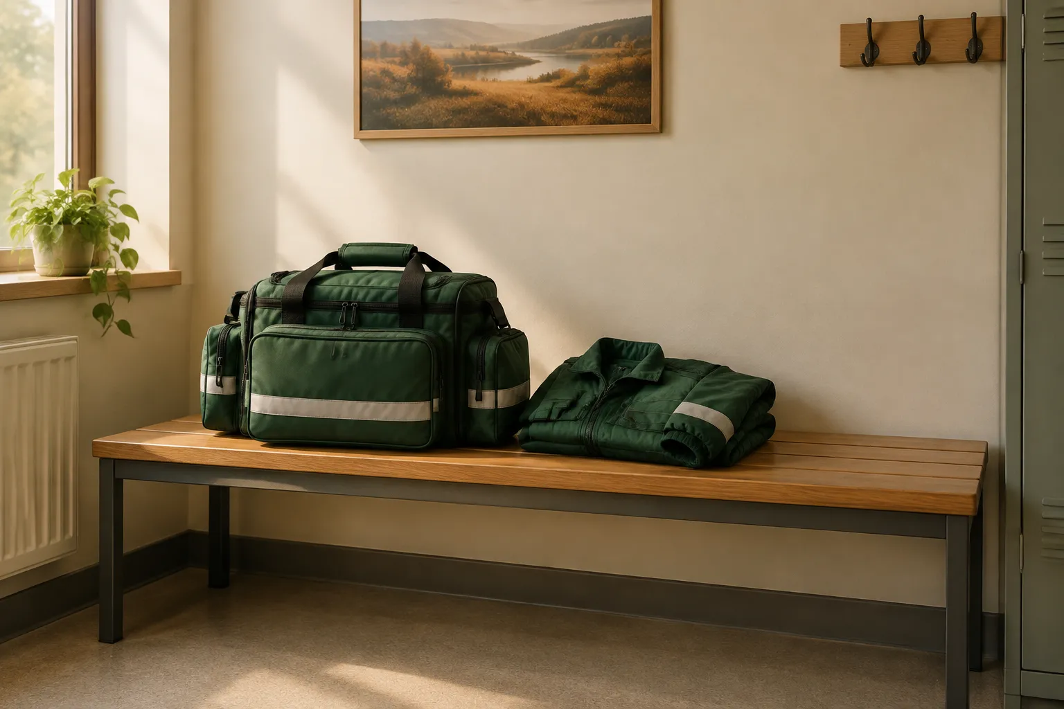 A green response bag and a folded green jacket on a staff-room bench.