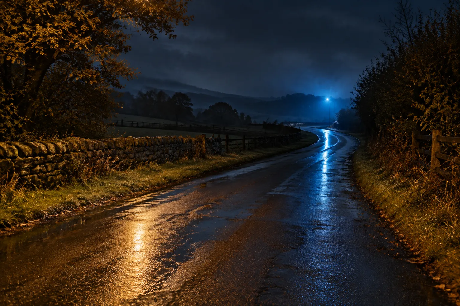 An empty country road at night, wet tarmac reflecting a distant blue light.