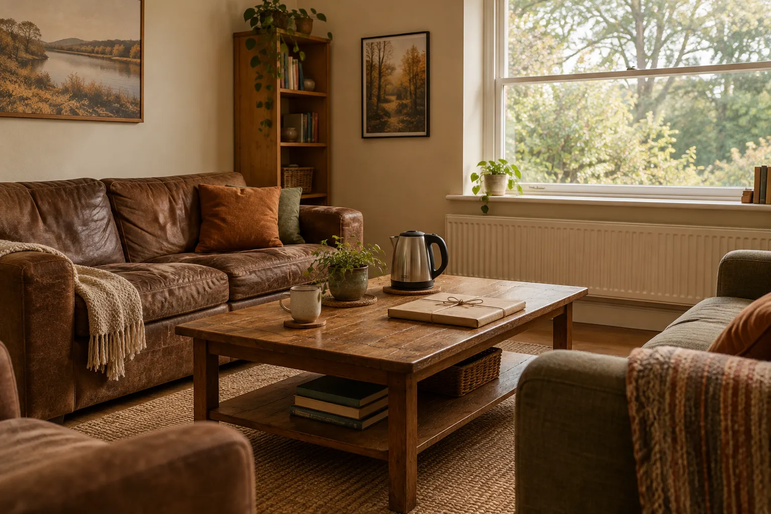 A crew room with worn sofas and a wrapped gift on the coffee table.