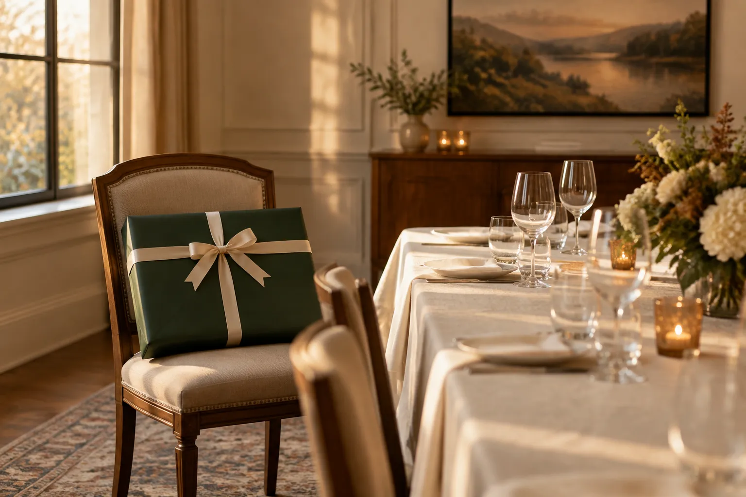 A large flat gift wrapped in green paper resting on a chair at the head of a laid table.