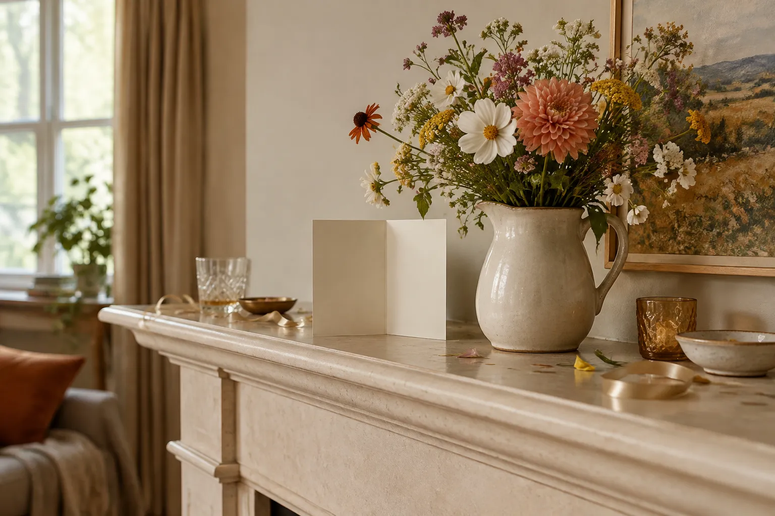 A blank card standing open on a mantelpiece beside a jug of garden flowers.